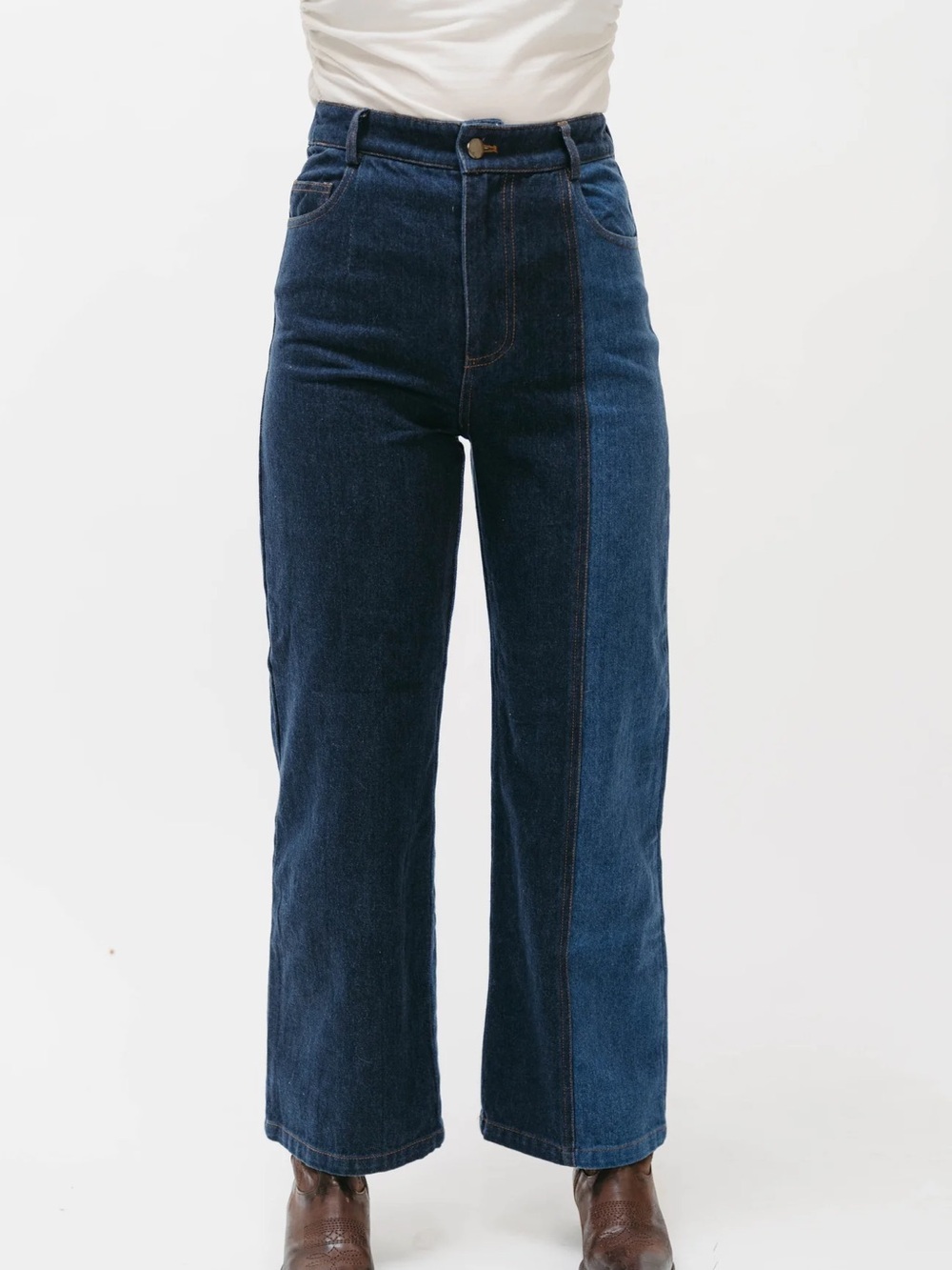 Two-Tone Dark Blue Straight Leg Jeans
